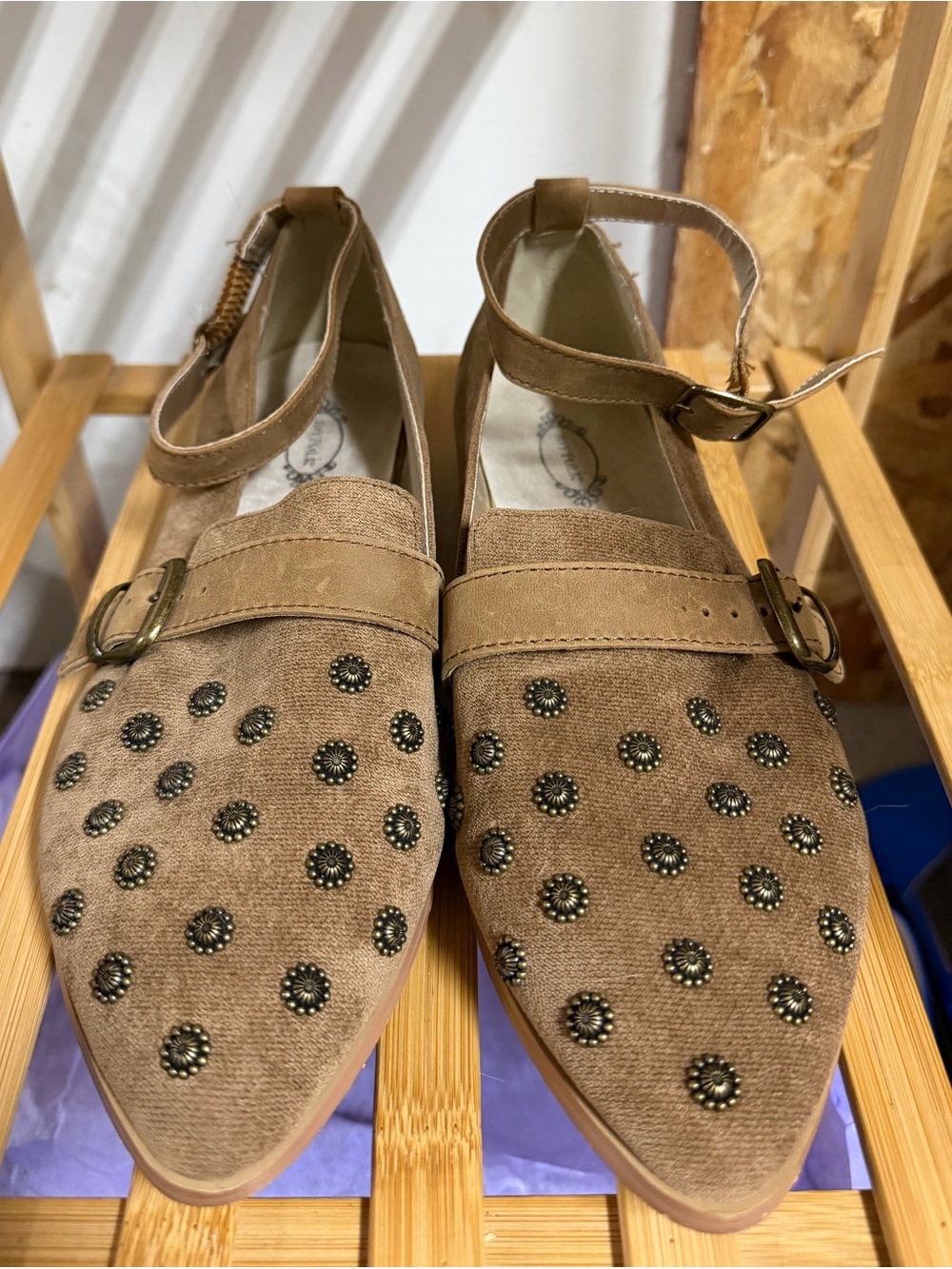 Joyfolie Brown Studded Pointed-Toe Ankle-Strap Flats